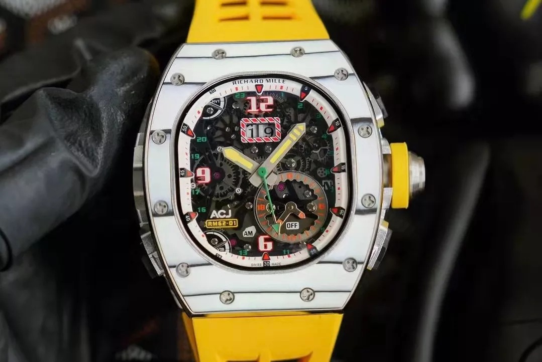 RM 62-01 Tourbillon Vibrating Alarm ACJ White Bezel Yellow Rubber Strap RM62-01