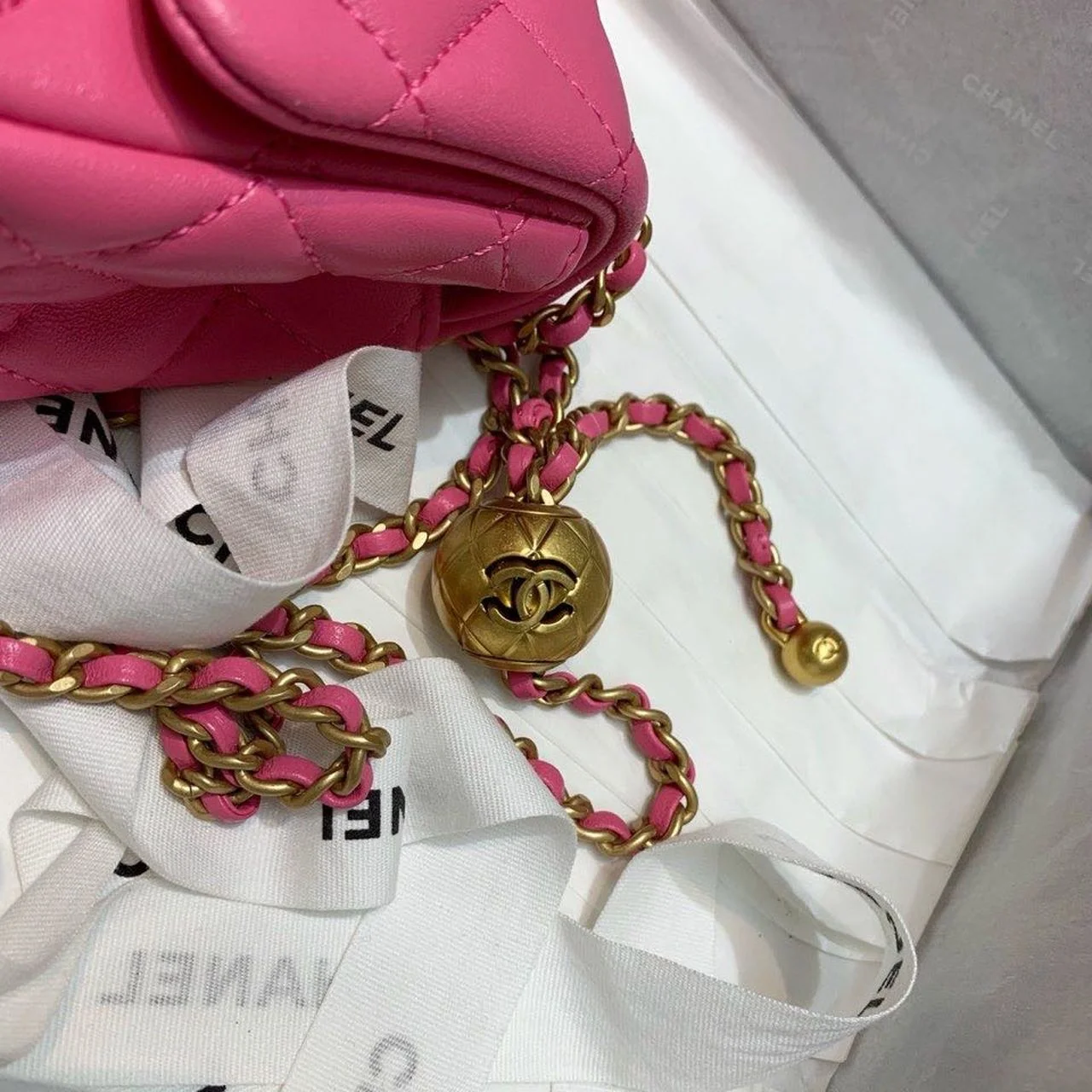 Chanel Mini Flap Bag With CC Ball On Strap Pink For Women, Women’s Handbags, Shoulder And Crossbody Bags 6.7in/17cm AS1786
