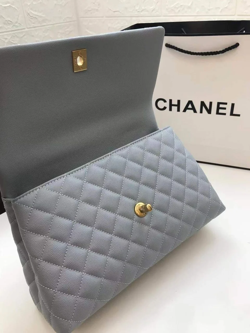 Chanel Large Flap Bag With Top Handle Light Grey For Women, Womens Handbags, Shoulder And Crossbody Bags 11in/28cm A92991