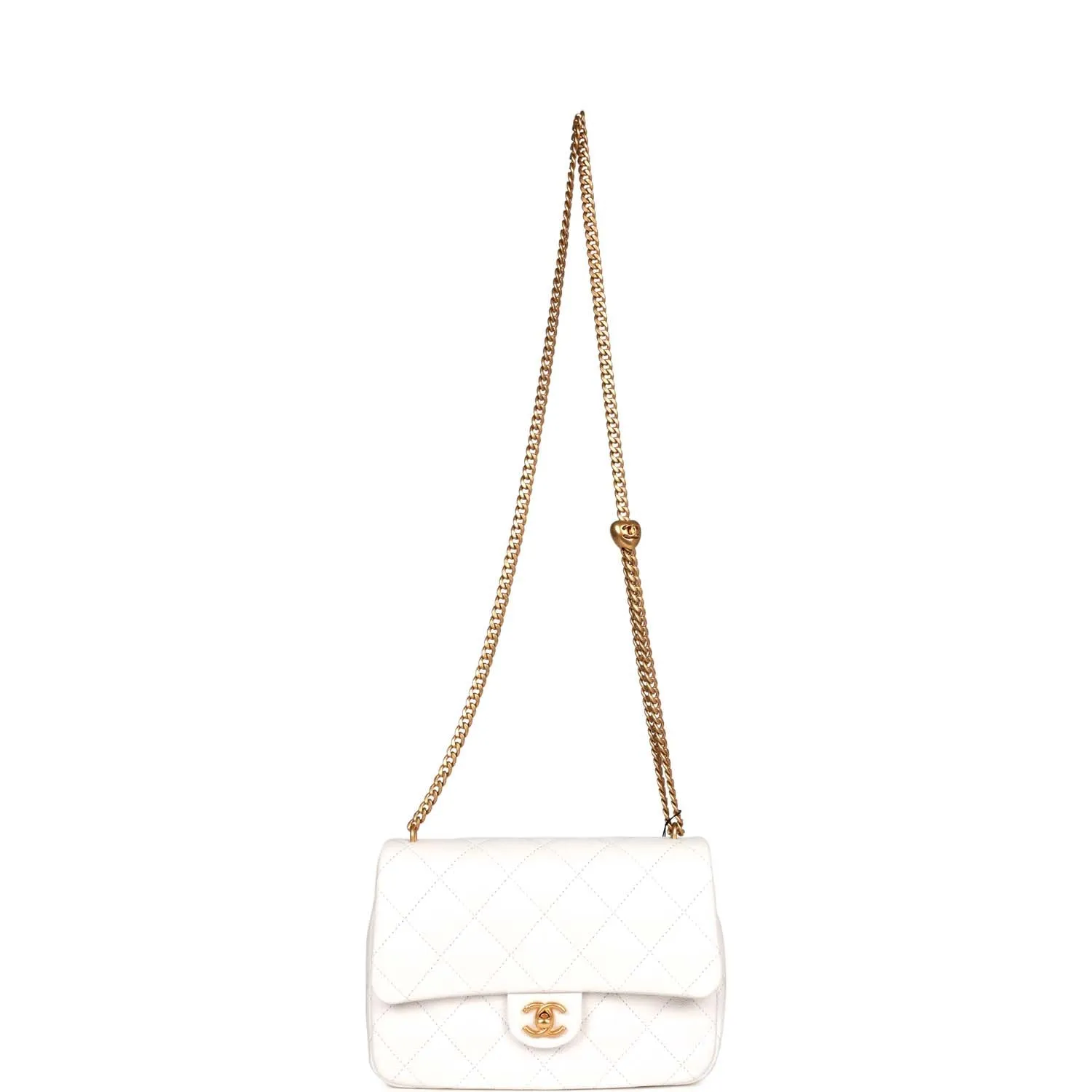 Large Single Flap White Caviar Leather Antique Gold Hardware