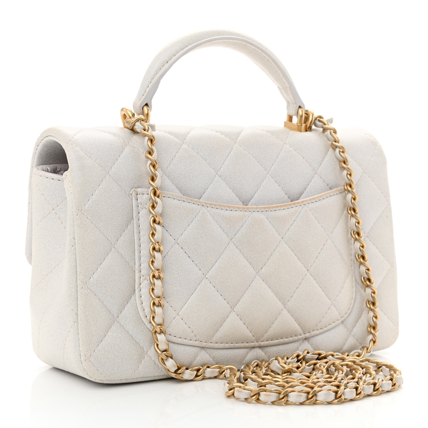 Iridescent Caviar Quilted Mini Top Handle Rectangular Flap White