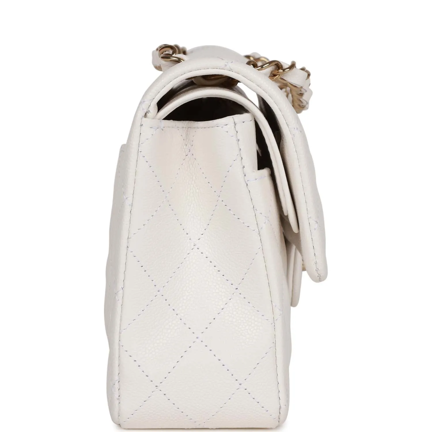 Small Classic Double Flap Bag White Caviar Light Gold Hardware