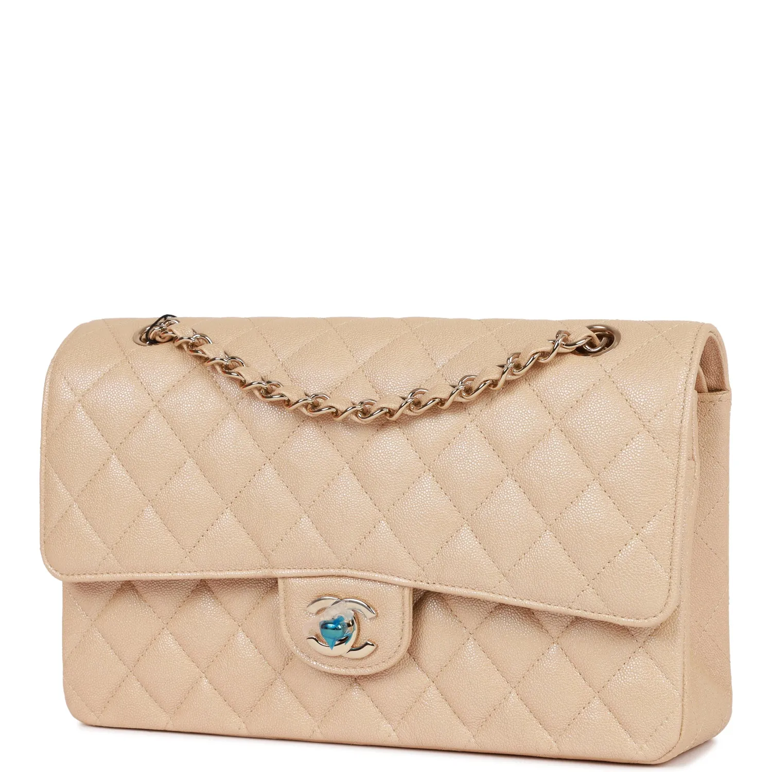 Medium Classic Double Flap Bag Beige Iridescent Caviar Light Gold Hardware