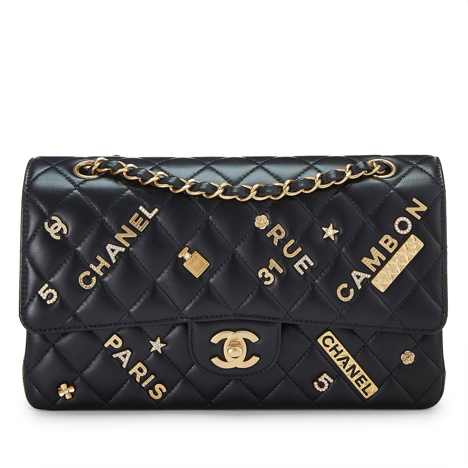 BLACK QUILTED LAMBSKIN LUCKY CHARM CLASSIC DOUBLE FLAP MEDIUM