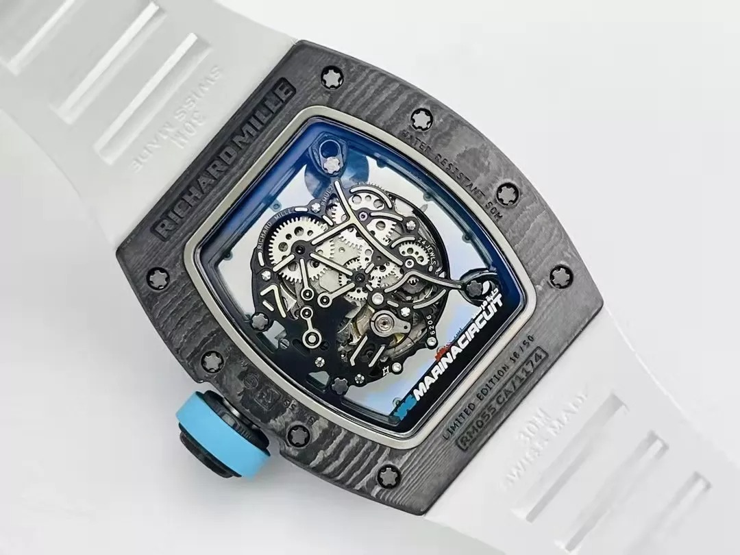 RM055 Skeleton Blue Dial Black Bezel White Rubber Strap ZF RMUL2
