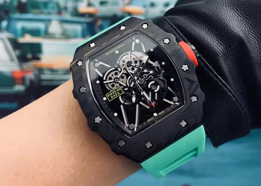 RM 35-01 Black Bezel Red Markers Green Rubber Strap RUML3