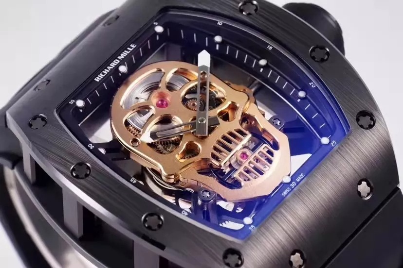 RM 52-01 Skull Golden Dial Black Bezel Black Rubber Strap JB Tourbillon