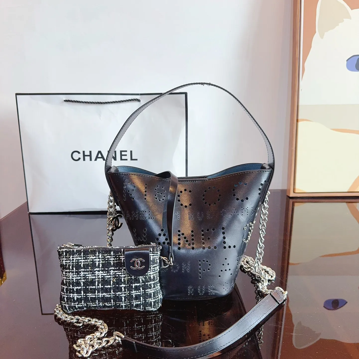 Calfskin Tweed Small Piercing Light Bucket Bag