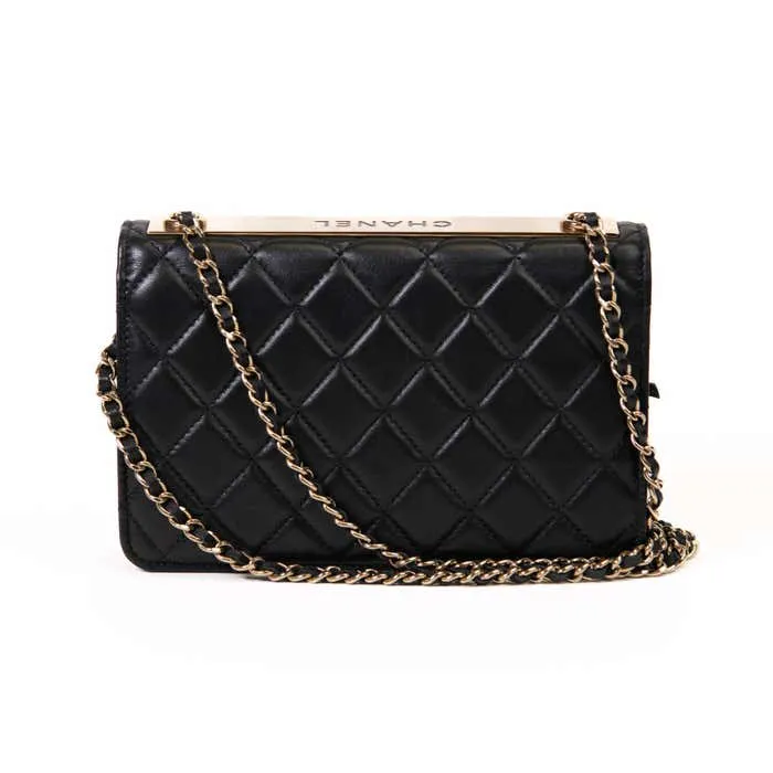 Black Lambskin Quilted Trendy CC Wallet On Chain