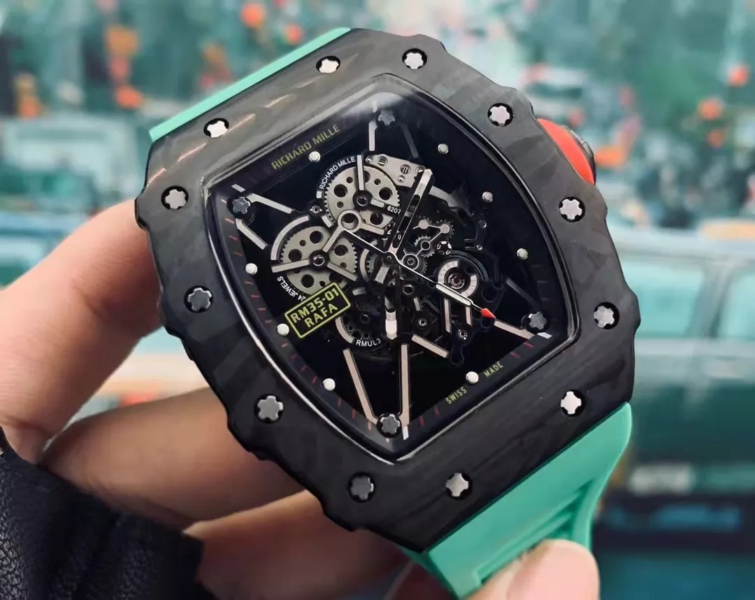 RM 35-01 Black Bezel Red Markers Green Rubber Strap RUML3