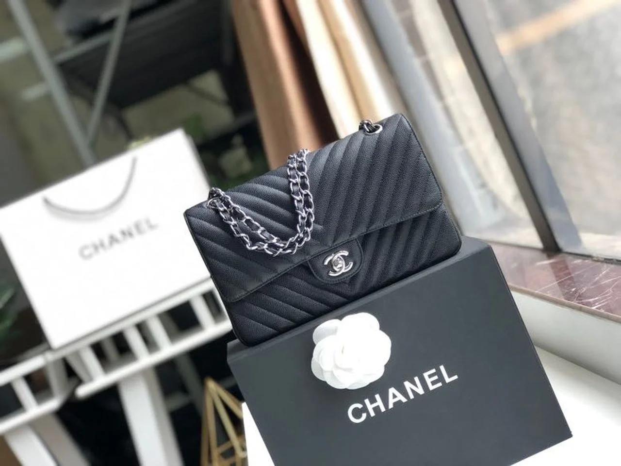 Chanel Chevron Classic Handbag Silver Hardware Black For Women, Women’s Bags, Shoulder And Crossbody Bags 10.2in/26cm