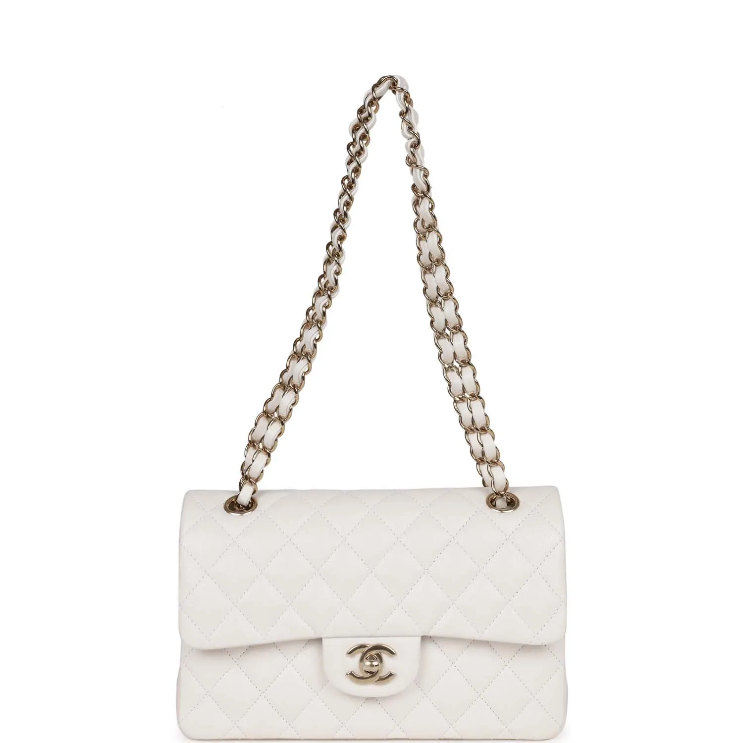 Small Classic Double Flap Bag White Caviar Light Gold Hardware