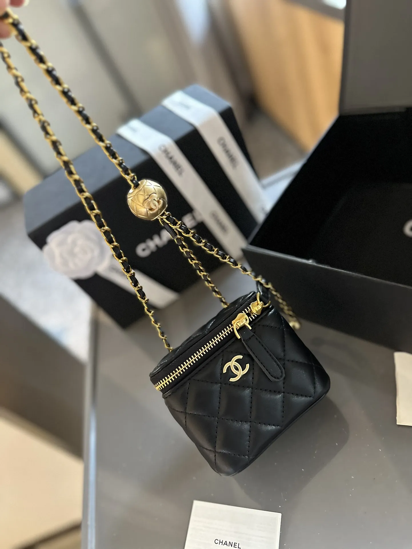 Pearl Crush Vanity Case with Chain Quilted Lambskin Mini