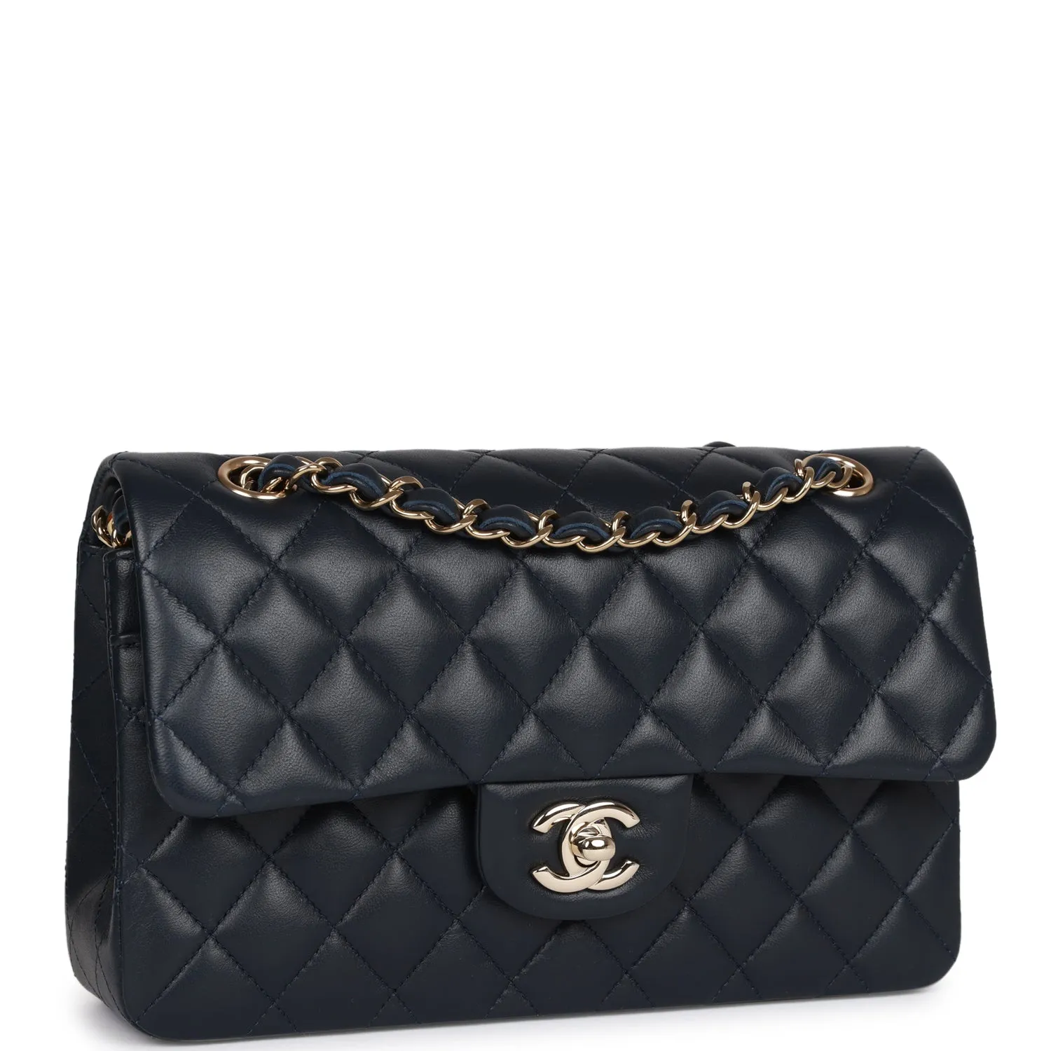 Small Classic Double Flap Navy Lambskin Light Gold Hardware
