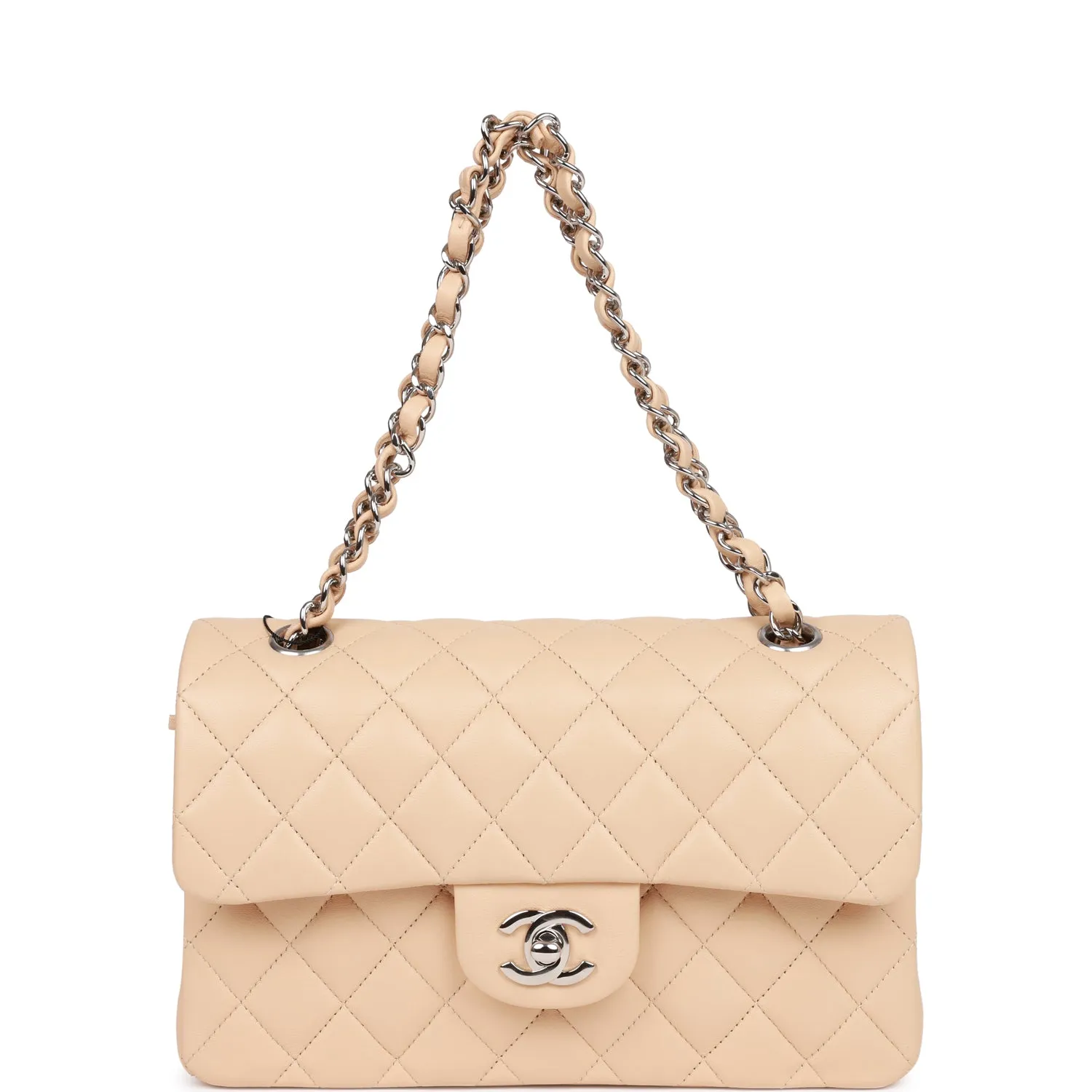 Small Classic Double Flap Beige Lambskin Silver Hardware