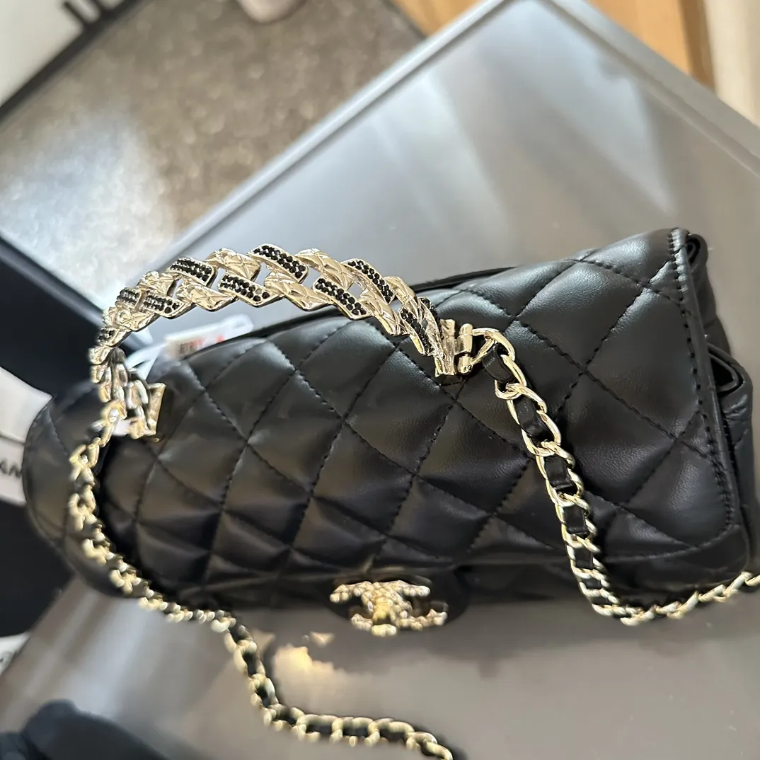 Lambskin Quilted Crystal Top Handle Rectangular Flap