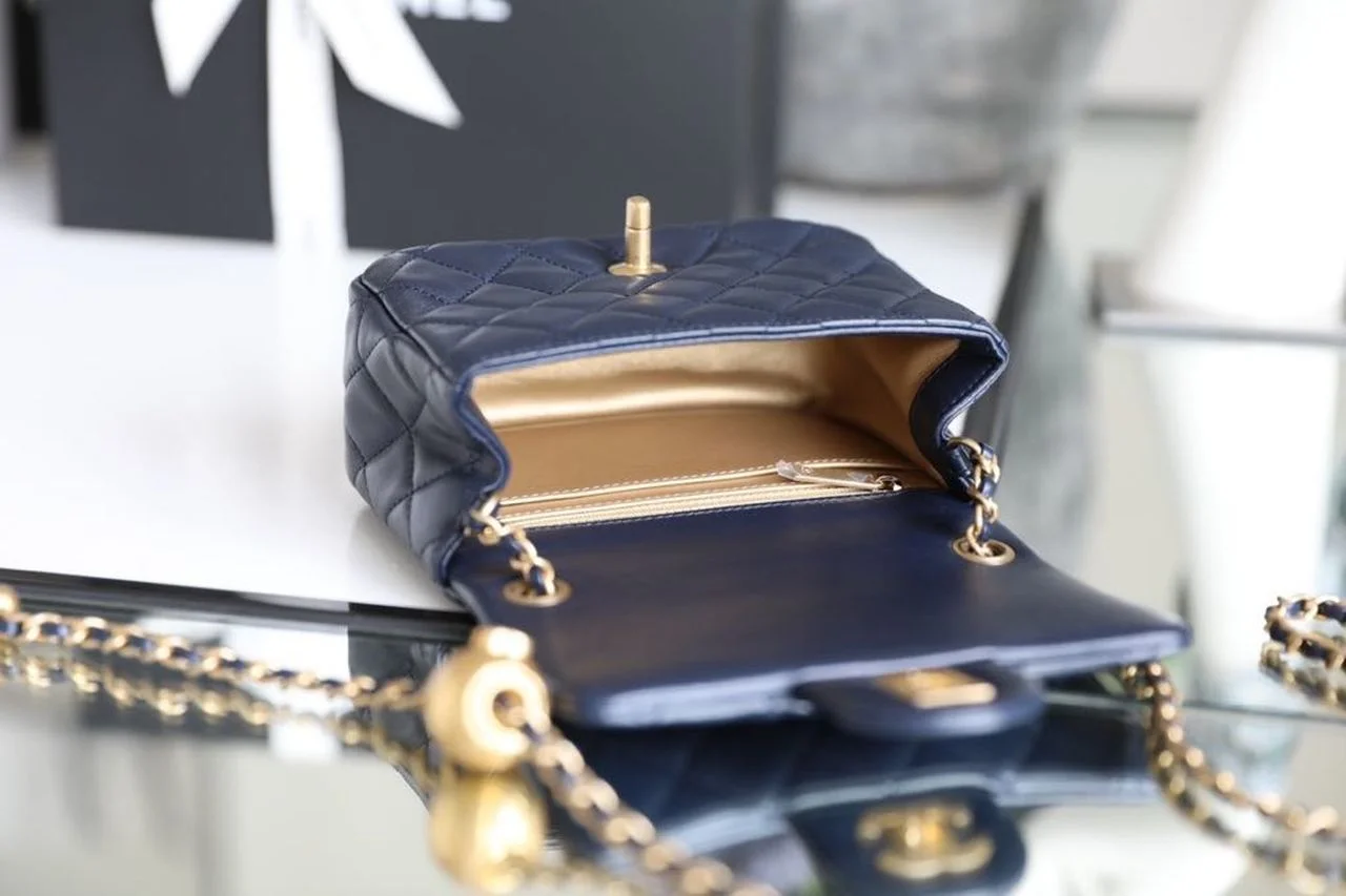 Chanel Mini Flap Bag With CC Ball On Strap Navy Blue For Women, Women’s Handbags, Shoulder And Crossbody Bags 6.7in/17cm AS1786