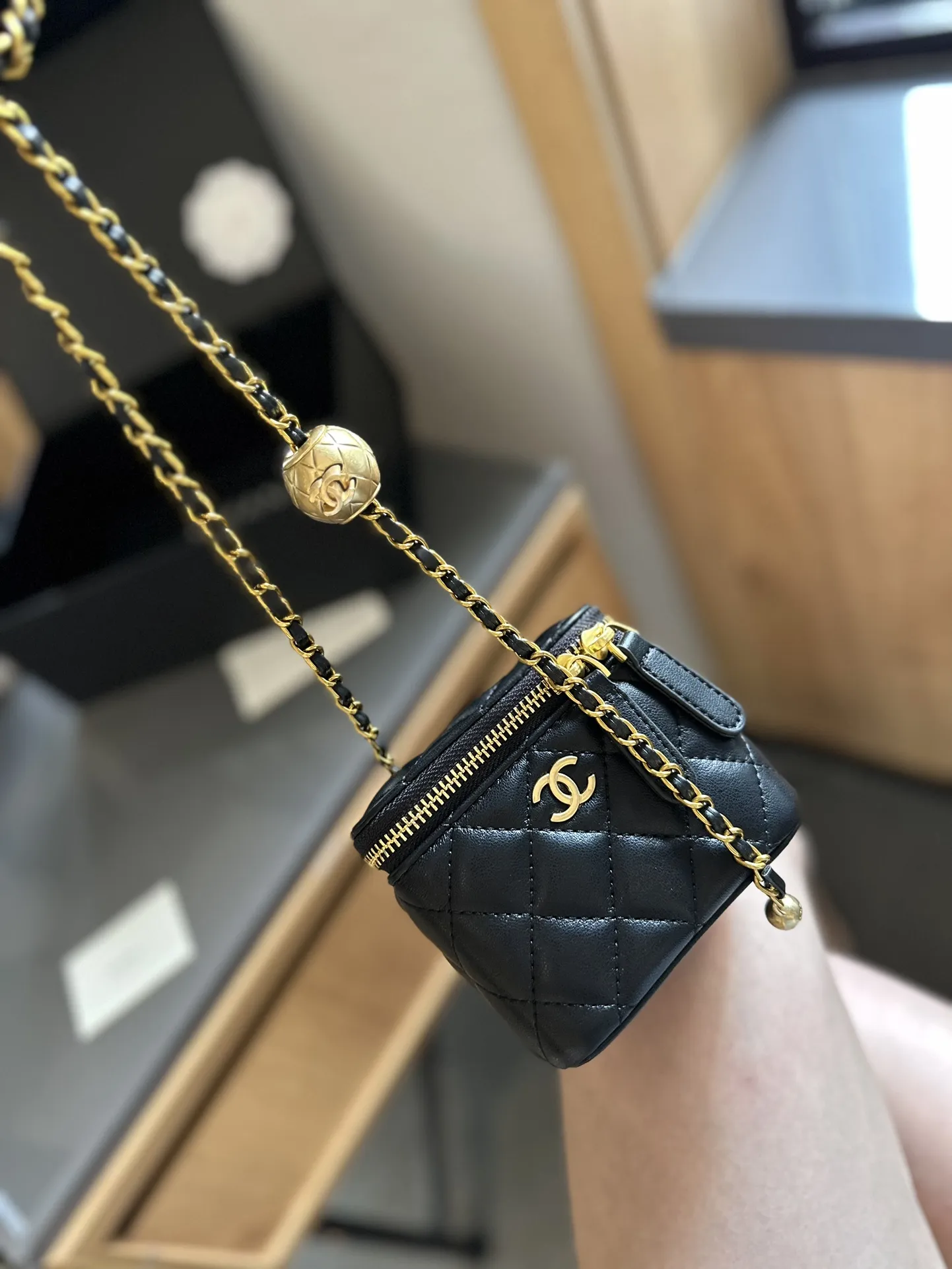 Pearl Crush Vanity Case with Chain Quilted Lambskin Mini