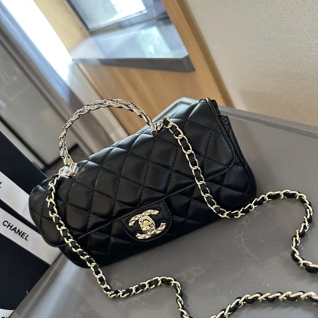 Lambskin Quilted Crystal Top Handle Rectangular Flap