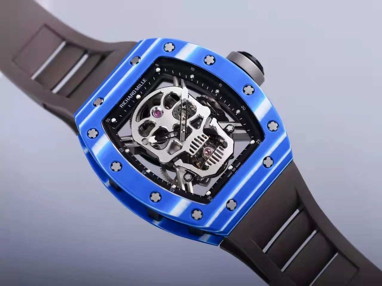 RM 52-01 Skull Black Dial Blue Bezel Black Rubber Strap JB Tourbillon