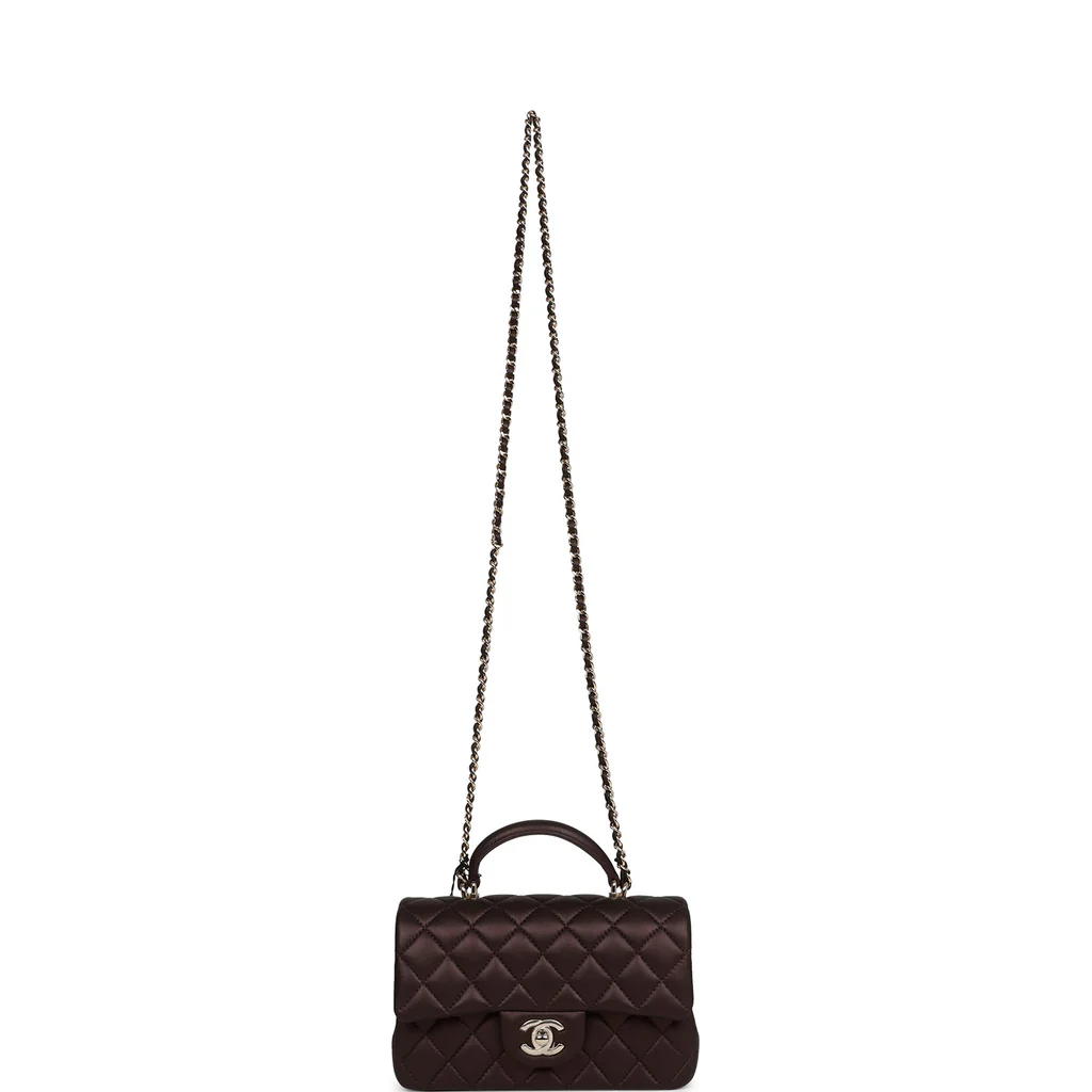 Chanel Mini Rectangular Flap Bag with Top Handle Burgundy Lambskin Light Gold Hardware