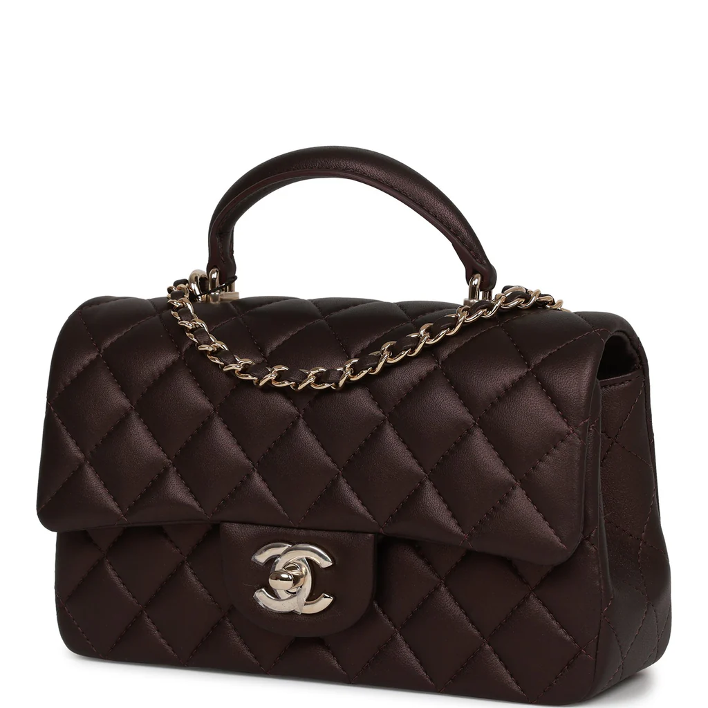 Chanel Mini Rectangular Flap Bag with Top Handle Burgundy Lambskin Light Gold Hardware