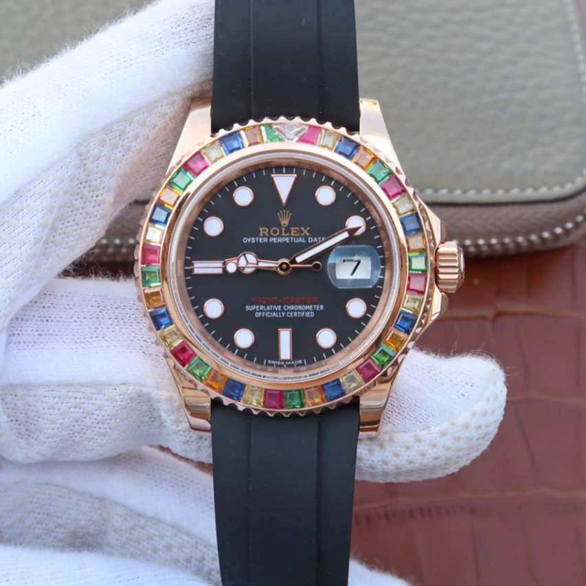 Yacht Master 1 Golden Diamond Bezel Black Dial Rubber Strap 40mm