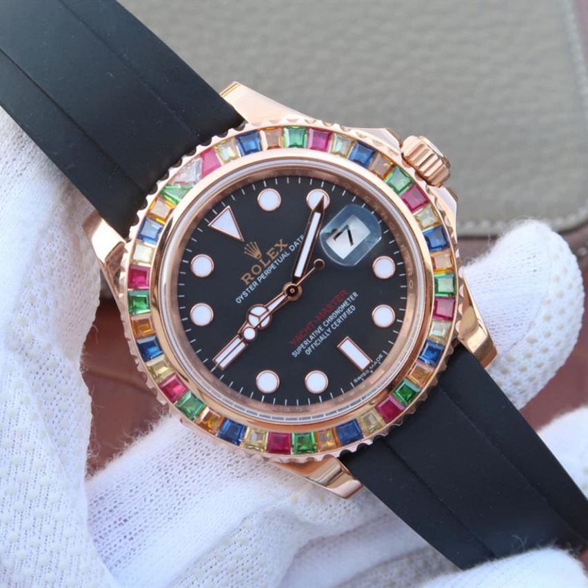 Yacht Master 1 Golden Diamond Bezel Black Dial Rubber Strap 40mm