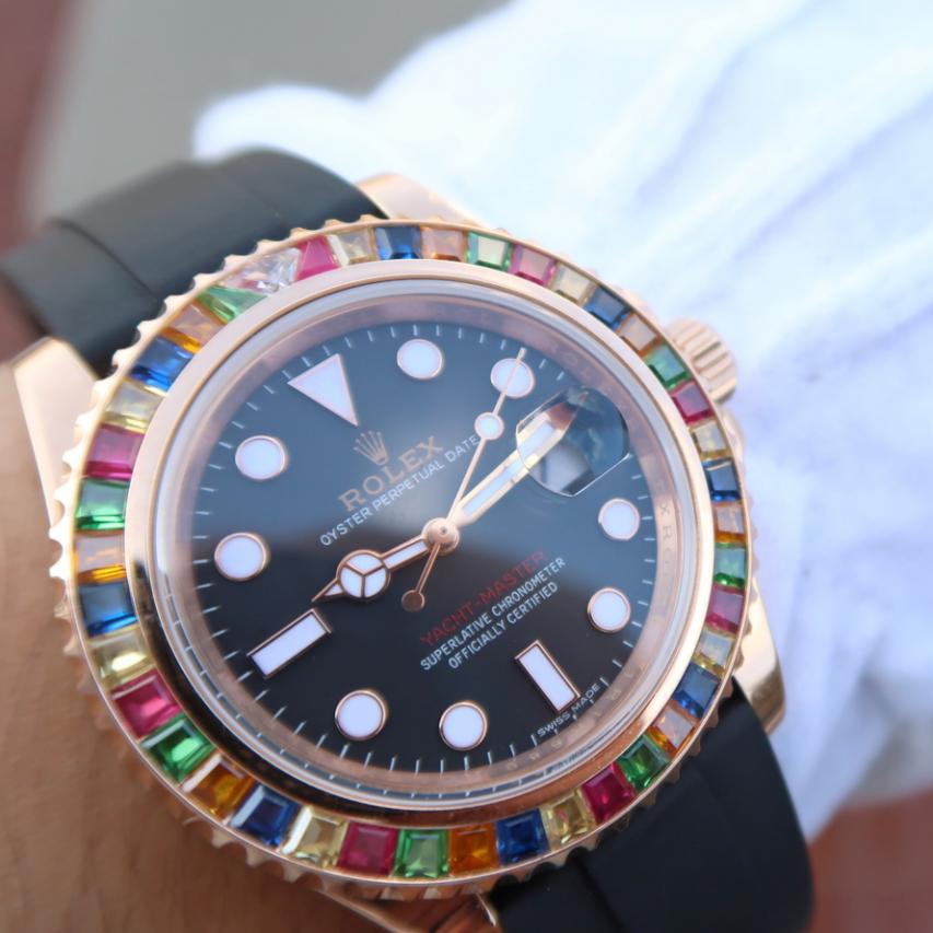 Yacht Master 1 Golden Diamond Bezel Black Dial Rubber Strap 40mm