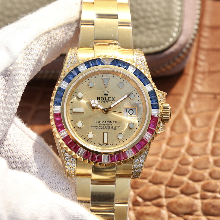 Submariner Golden Blue / Red Diamond Gold Dial 40mm