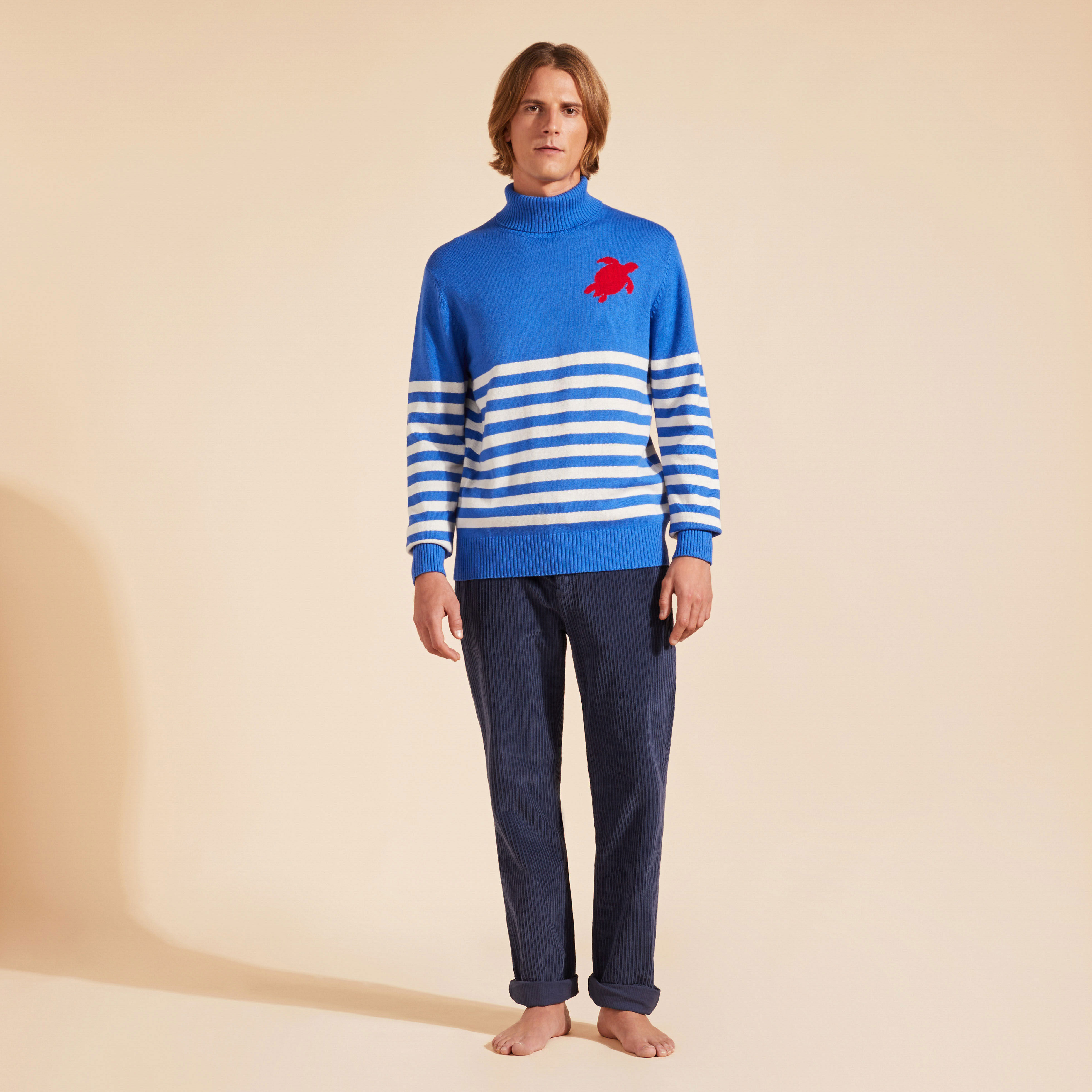 VILEBREQUIN Men Striped Cotton and Cashmere Turtleneck Pullover Jacquard Tortue | SEA BLUE / Blue