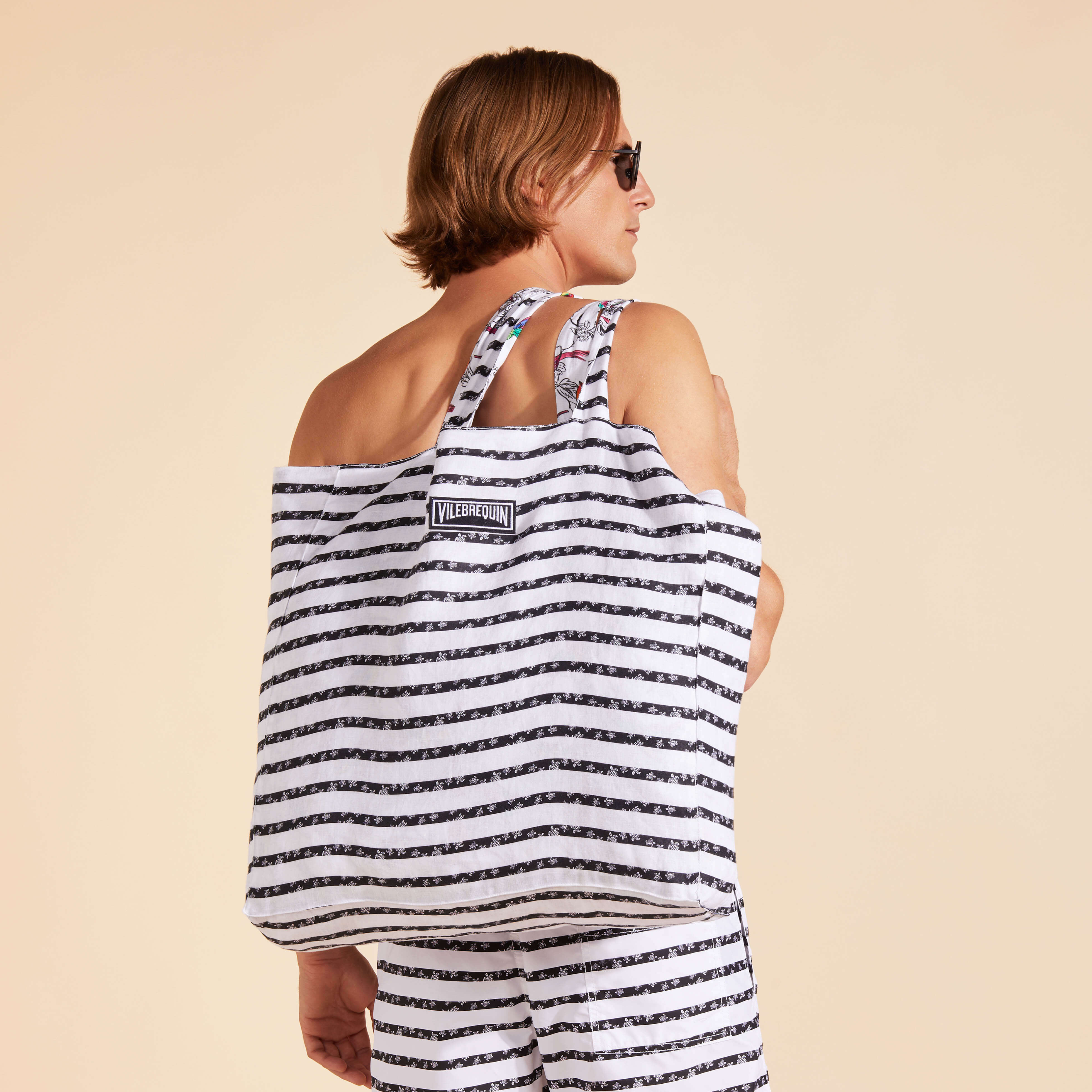 VILEBREQUIN Unisex Reversible Linen Beach Bag Micro Rondes des Tortues Rayée