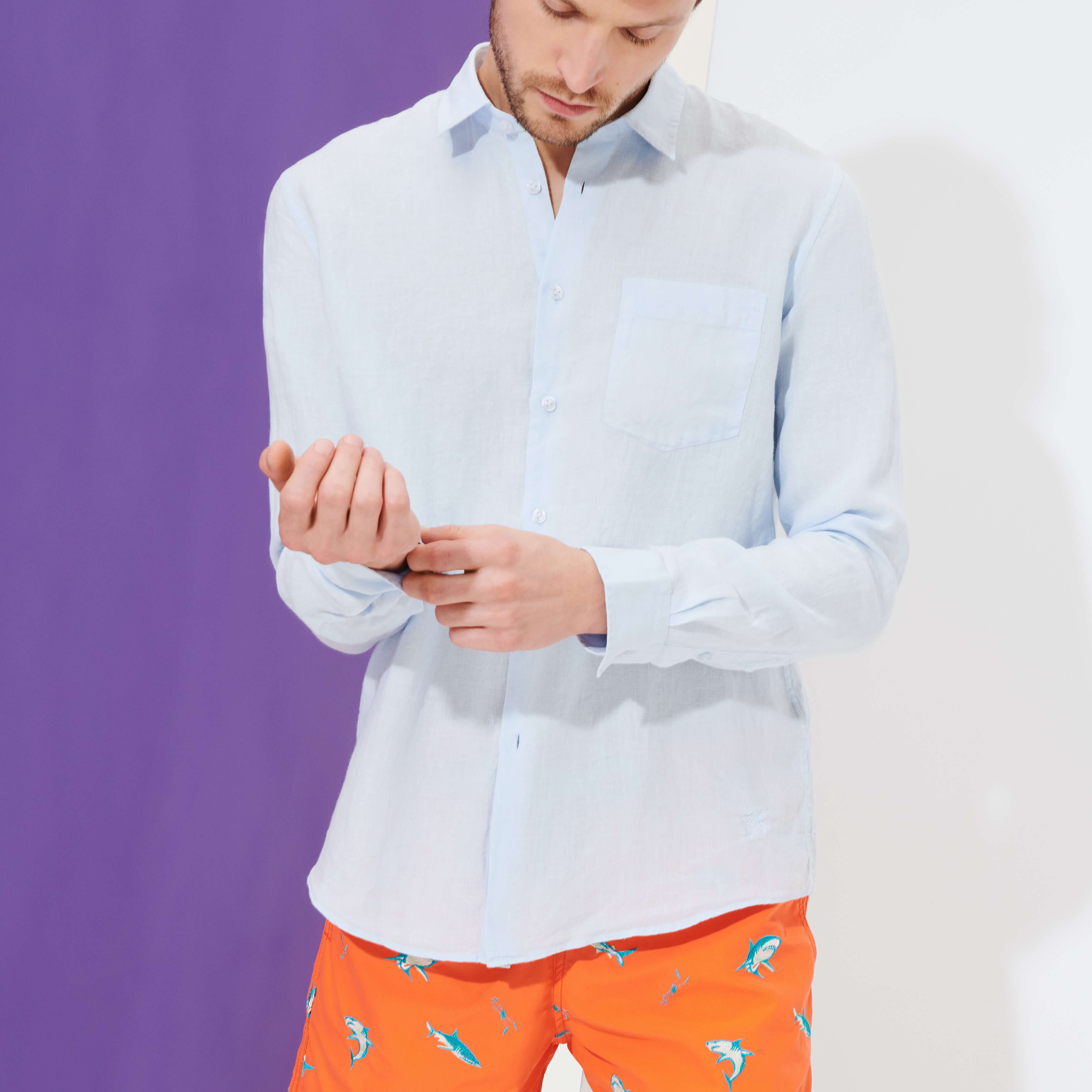 VILEBREQUIN Men Linen Shirt Solid | SKY BLUE / Blue