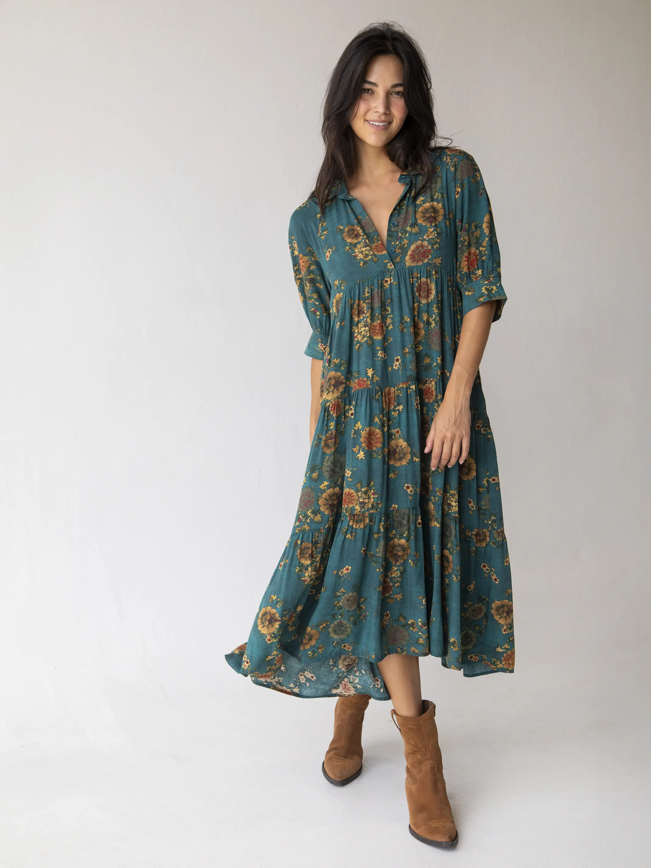 Rebecca Midi Dress - Teal Orange Clusters