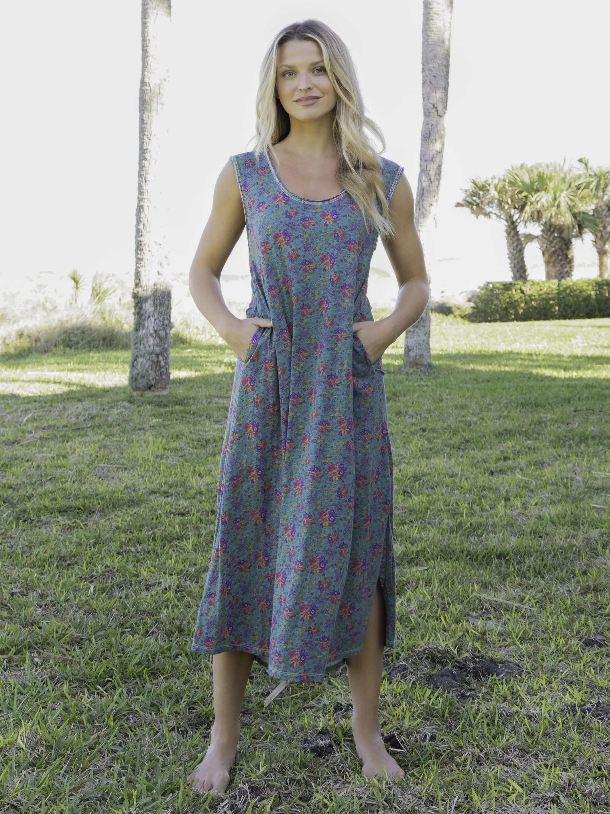 Hangout Cotton Midi Dress - Turquoise Floral Medallions