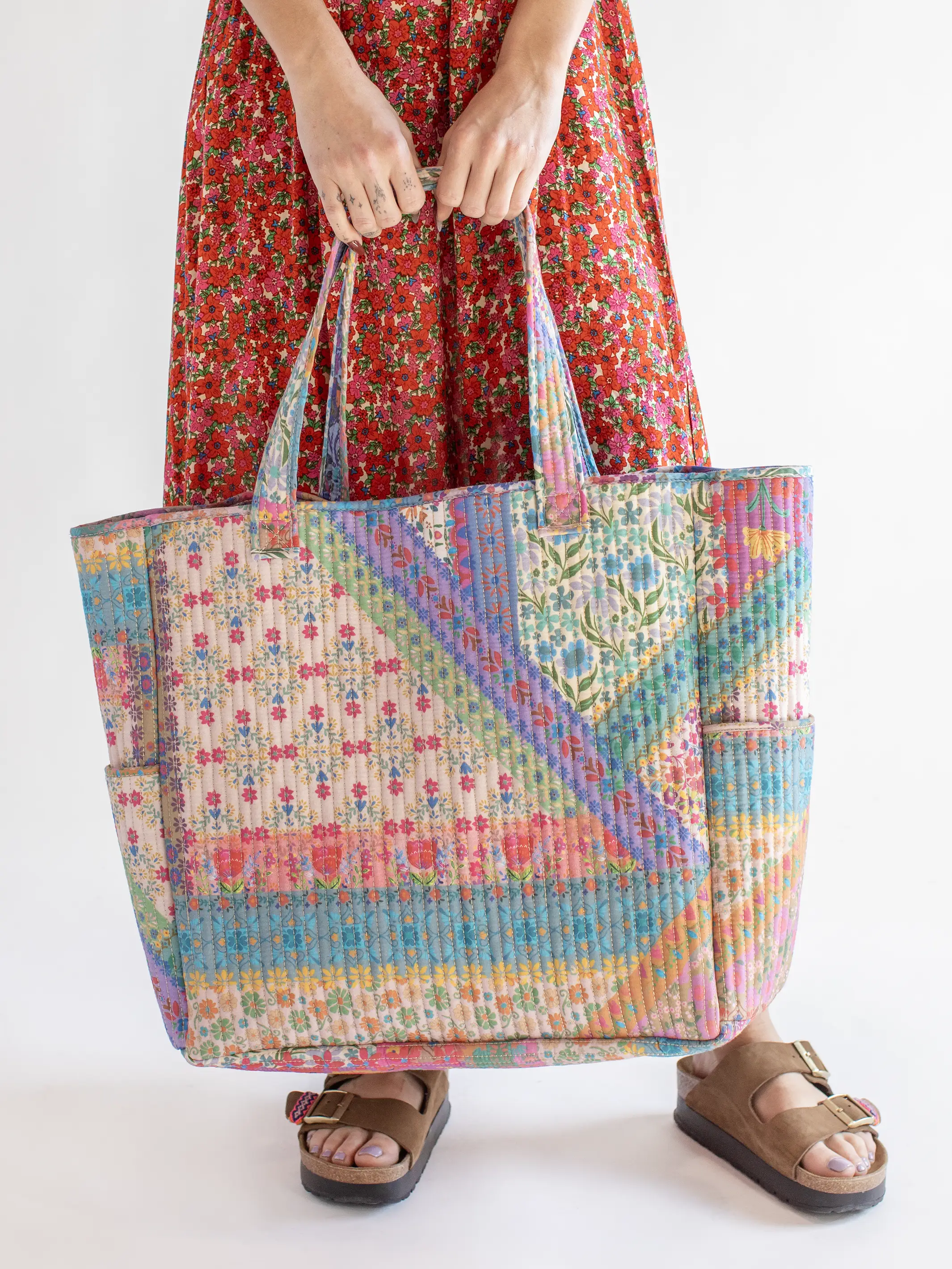 Reversible Quilted Tote Bag - Floral Patchwork