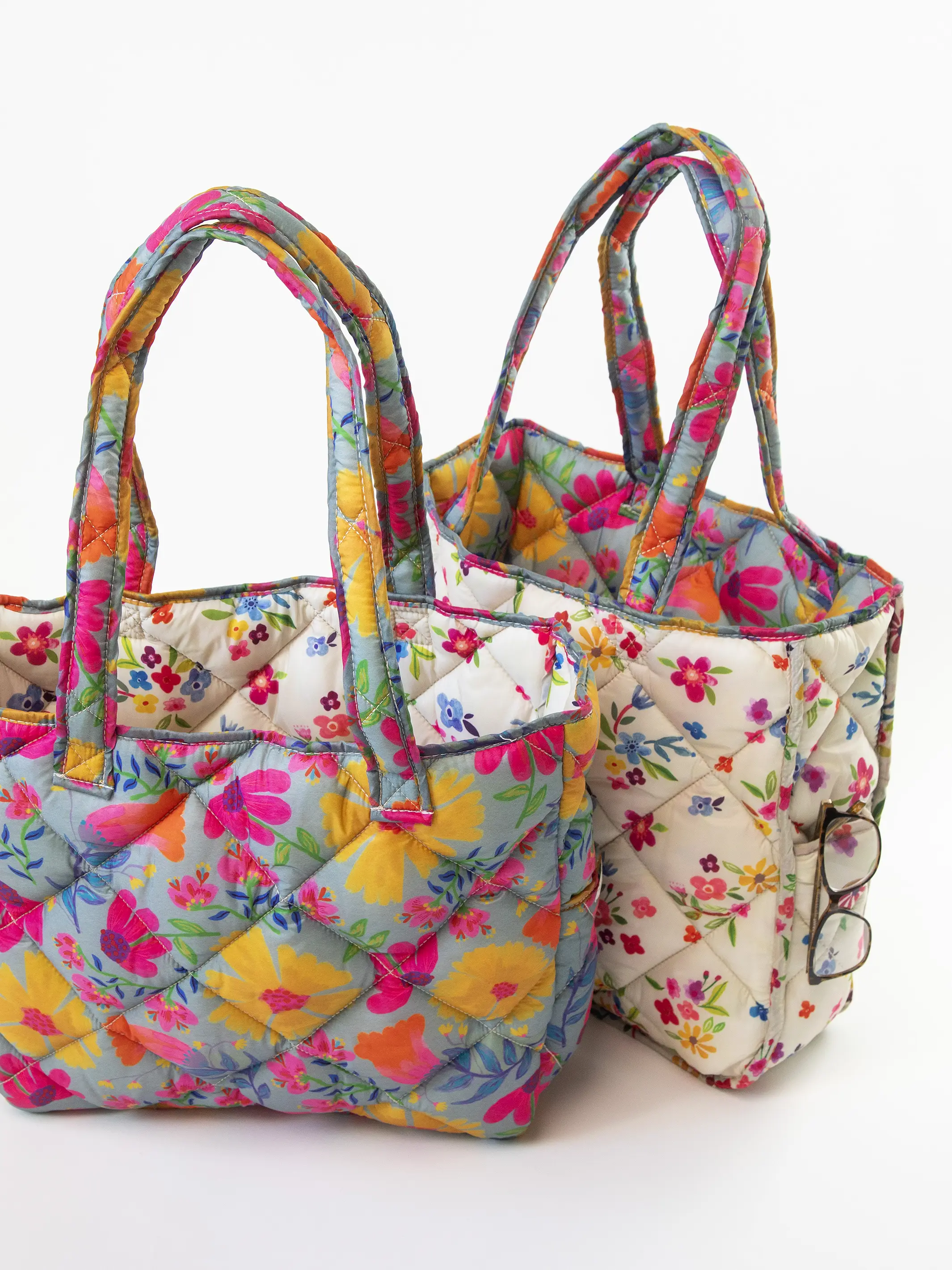 Reversible Puffy Tote Bag - Large Dusty Blue Floral