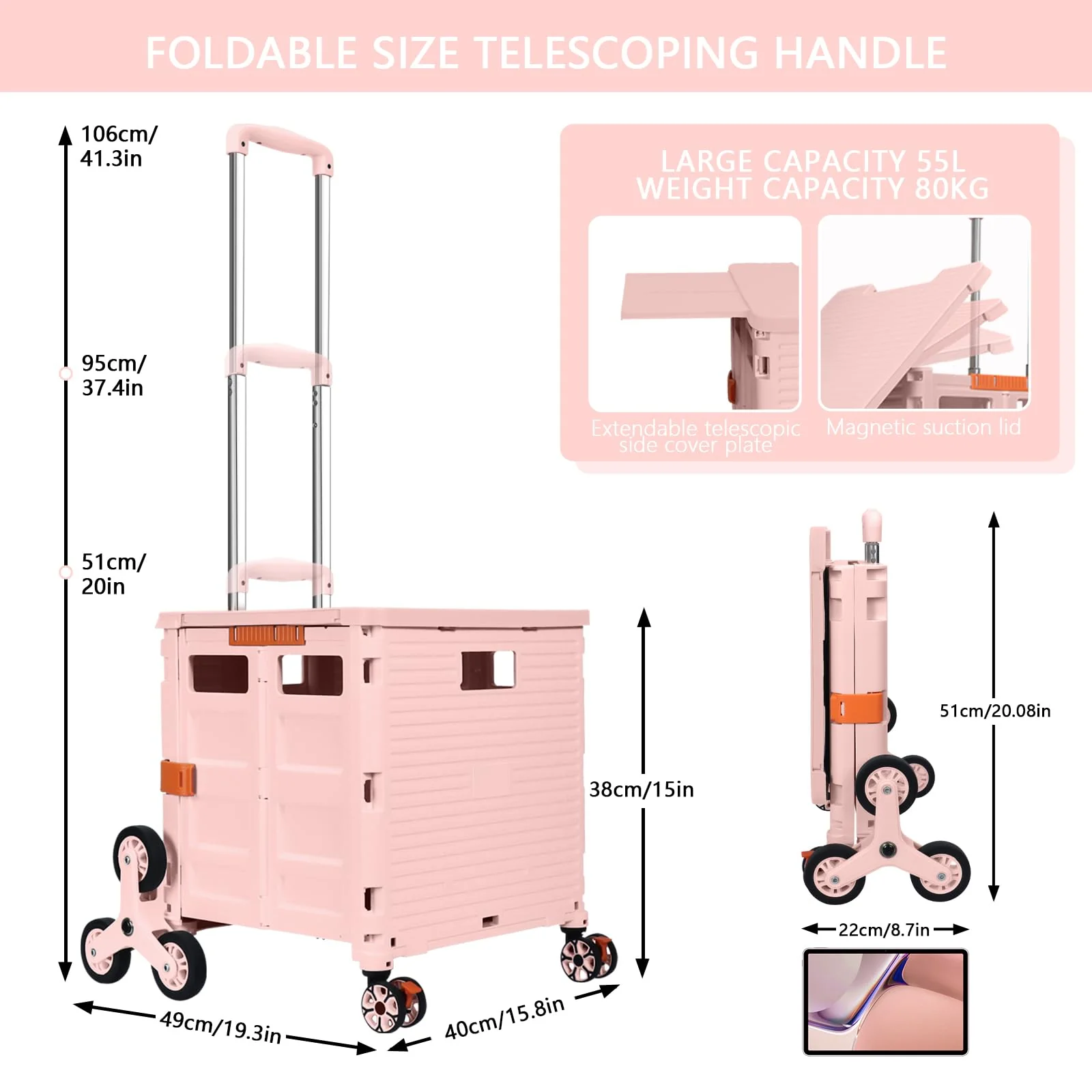 Foldable Utility Cart with Stair Climbing Wheels