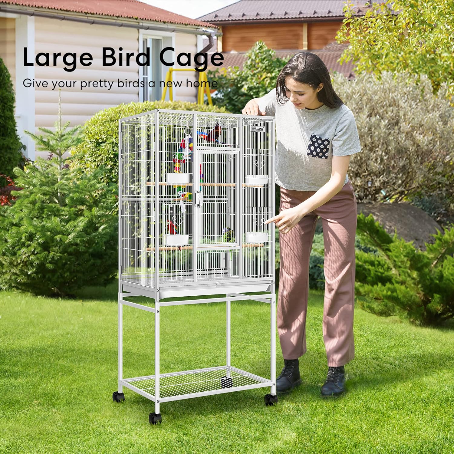 VIVOHOME 54 Inch Wrought Iron Large Bird Flight Cage with Rolling Stand