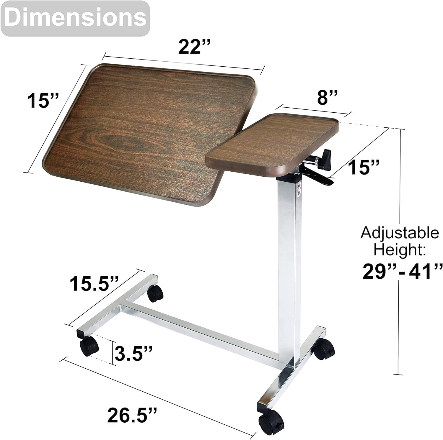 Vaunn Medical Adjustable Tilt Overbed Bedside Table with Wheels