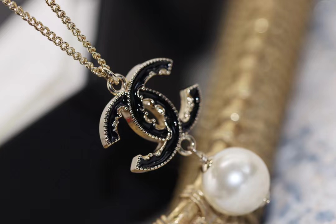 replica Chanel Black Double C Pearl Drop Pendant Necklace - H Lin Jewelry