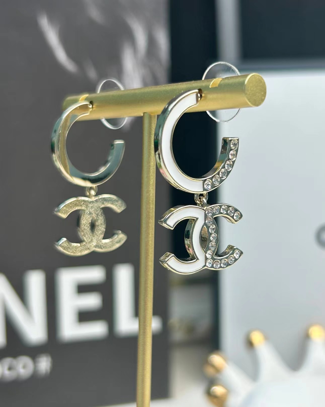 replica Chanel Half Enamel Half Diamond Double C Earrings - H Lin Jewelry