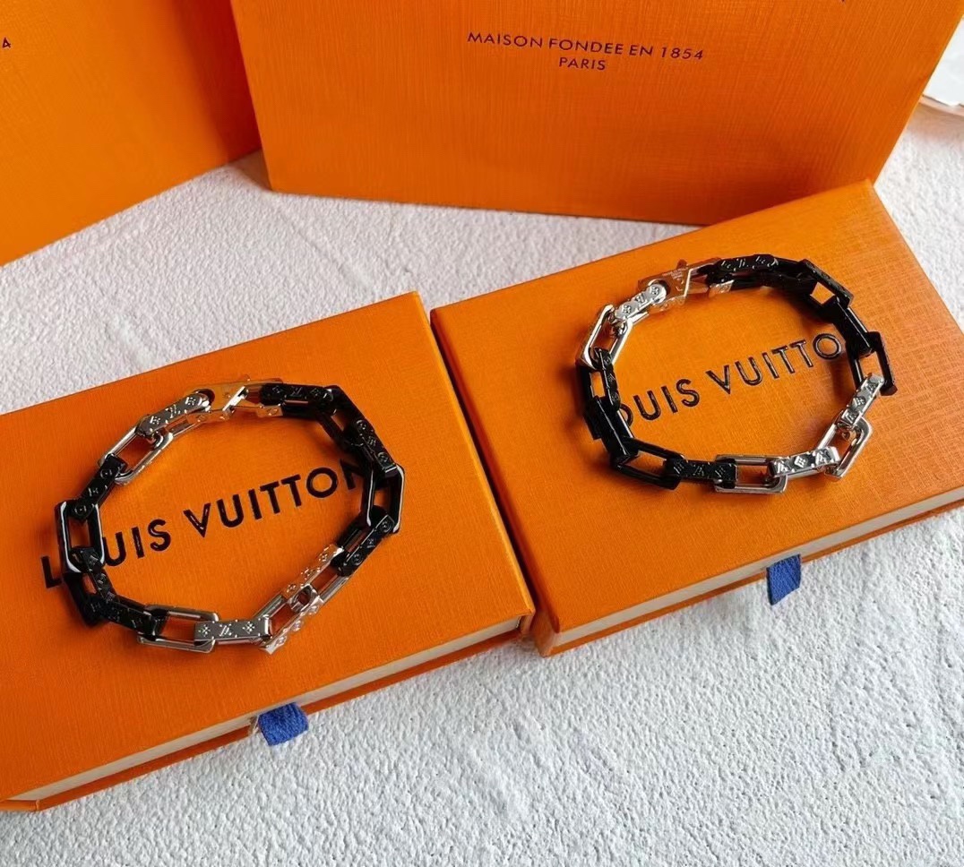 replica Louis Vuitton Black Silver Mixed Metal Color Monogram Bracelet Mens - H Lin Jewelry