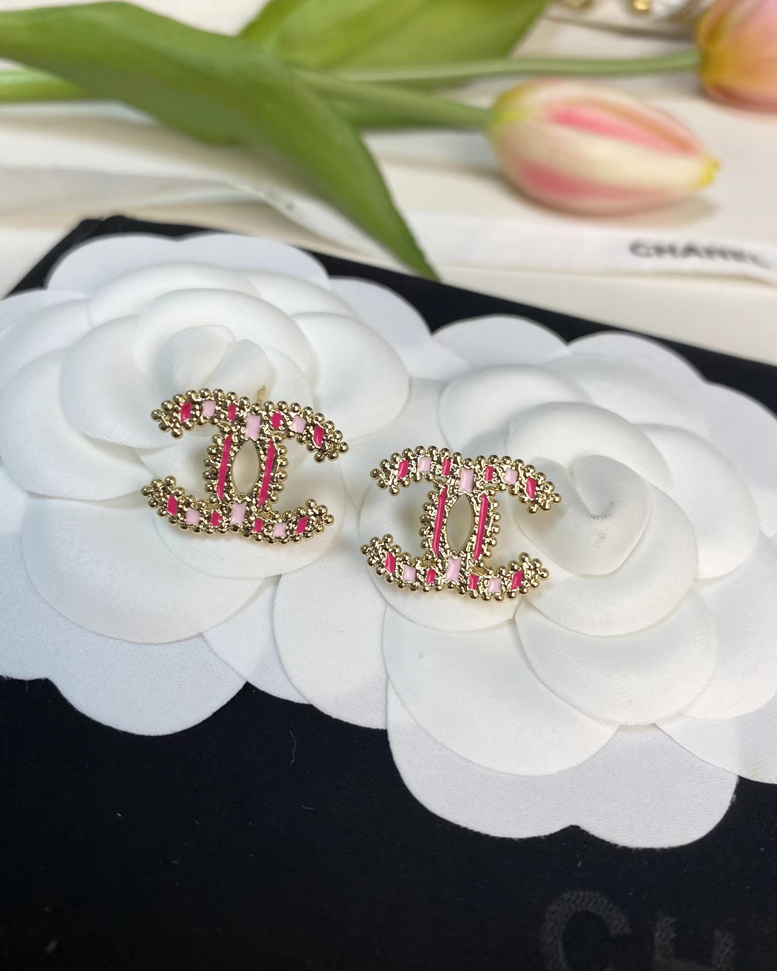 replica Chanel Enamel Pink Double C Earrings - H Lin Jewelry