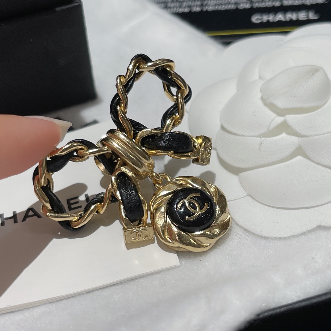 replica Chanel Black Leather Wrap Gold Bow Brooch - H Lin Jewelry