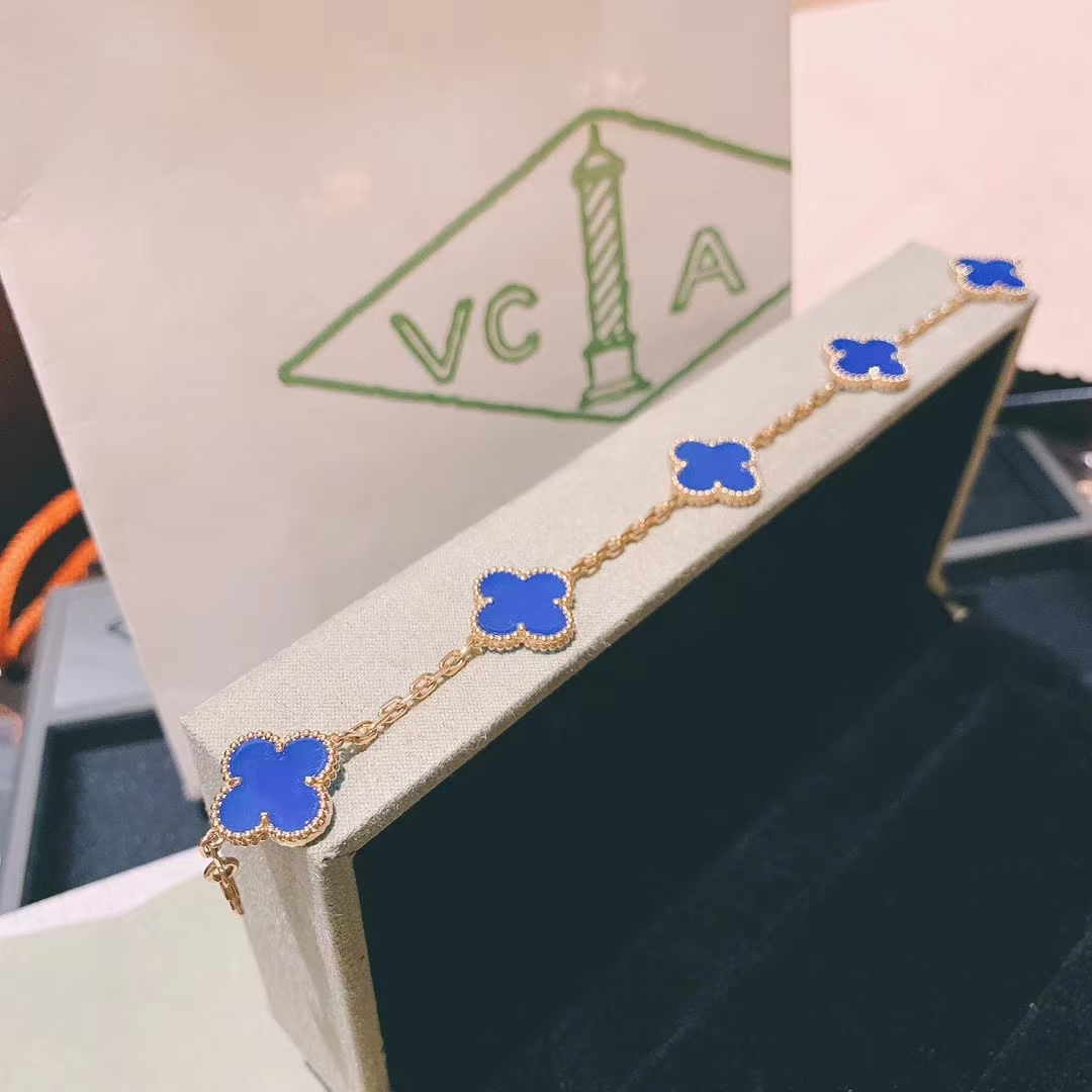 replica Van Cleef & Arpels Blue Agate Vintage Alhambra Bracelet 5 Motifs - H Lin Jewelry