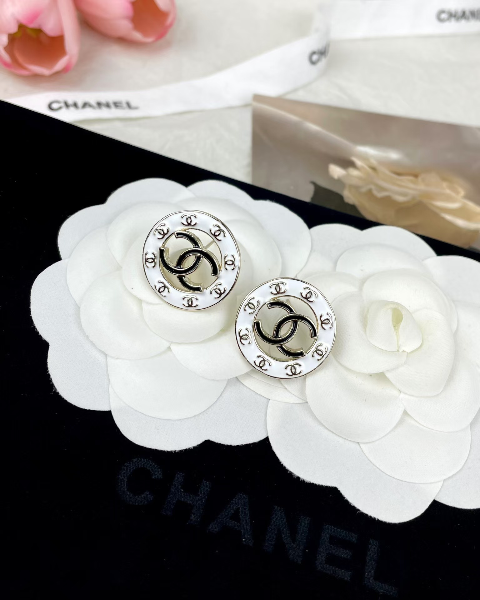 replica Chanel Round White and Black Enamel Stud Earrings - H Lin Jewelry