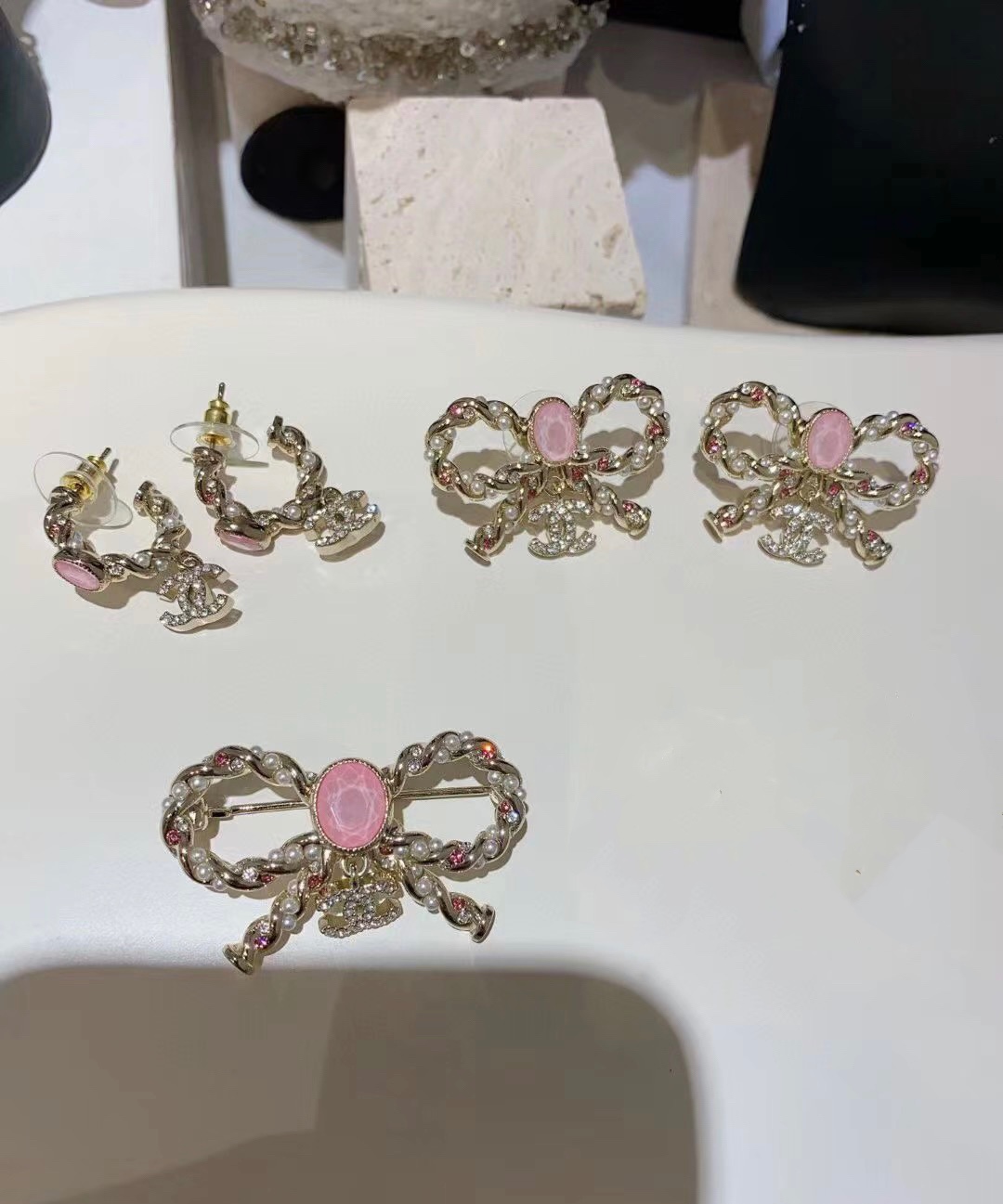 replica Chanel Pink Rhinestone Bow Brooch Earrings - H Lin Jewelry