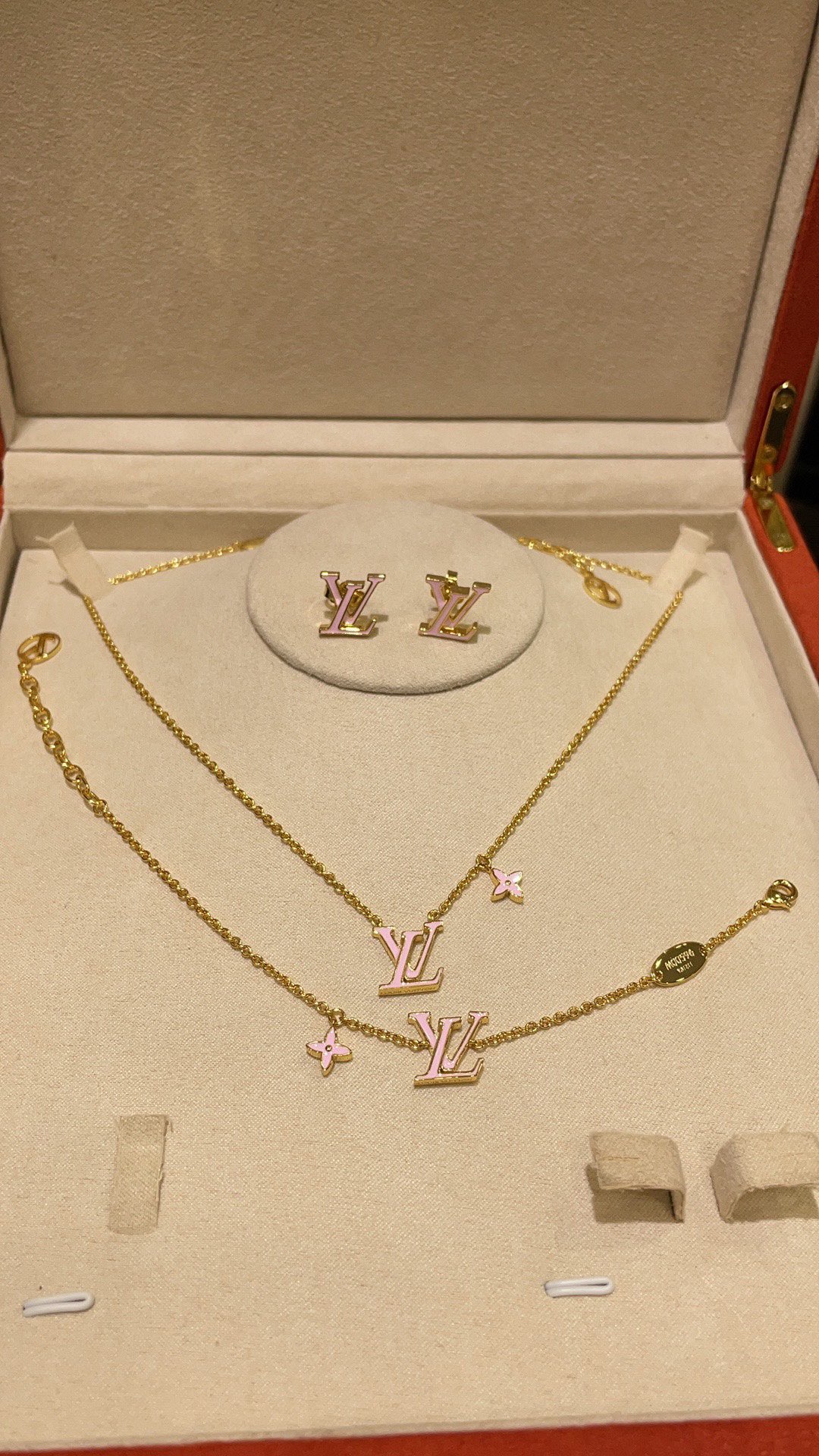 replica Louis Vuitton Pink LV Letters Earrings Bracelet Necklace - H Lin Jewelry