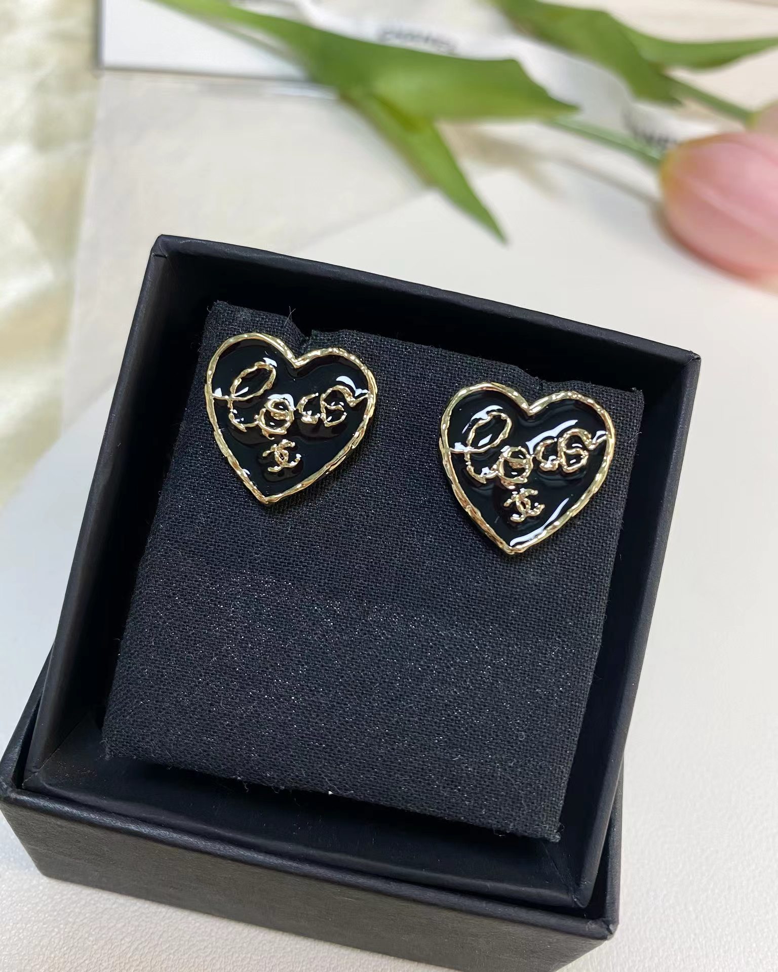 replica Chanel Black Love Heart Stud Earrings - H Lin Jewelry